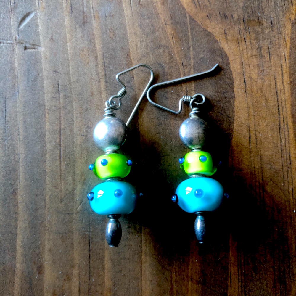 ⭐️3-$20 Silver, blue, green lampwork bead earrings